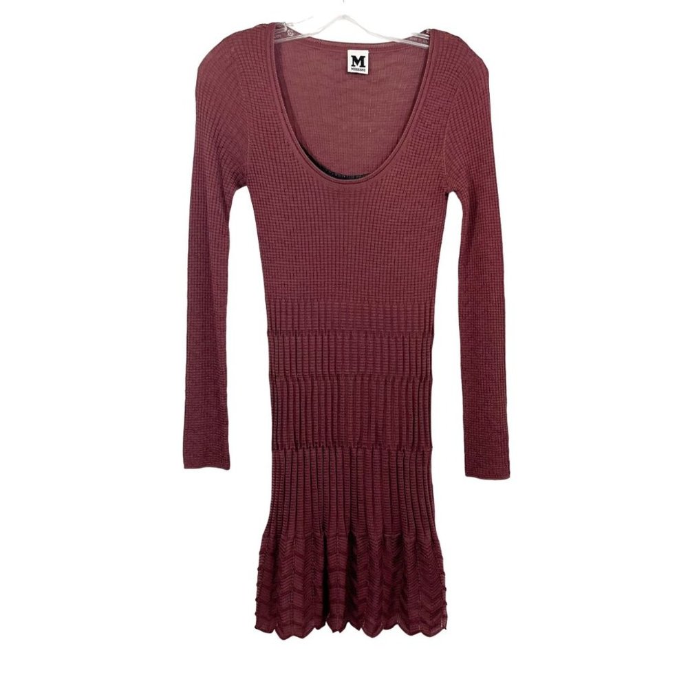 Missoni Red Knit Chevron Long Sleeve Scoop Neck Dress Merino Wool‎ Blend Size 4